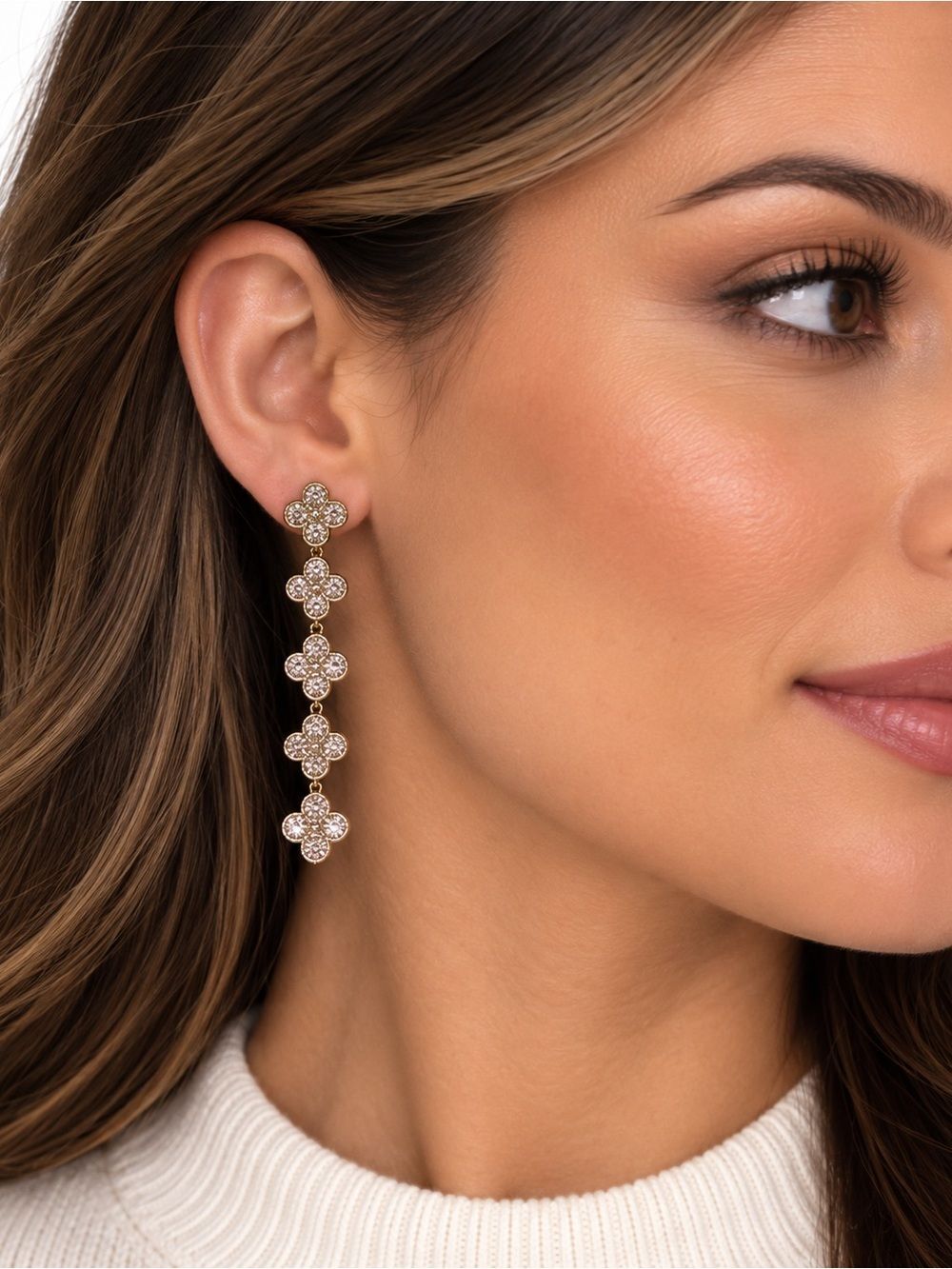 Gold Clover Drop Earrings with Crystals - Sparkly